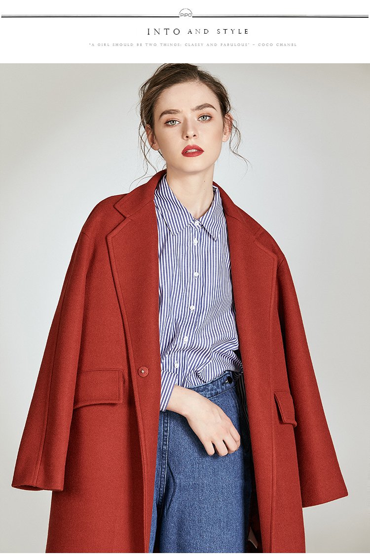 冬季新款女装中长款纯色翻领毛呢大衣外套