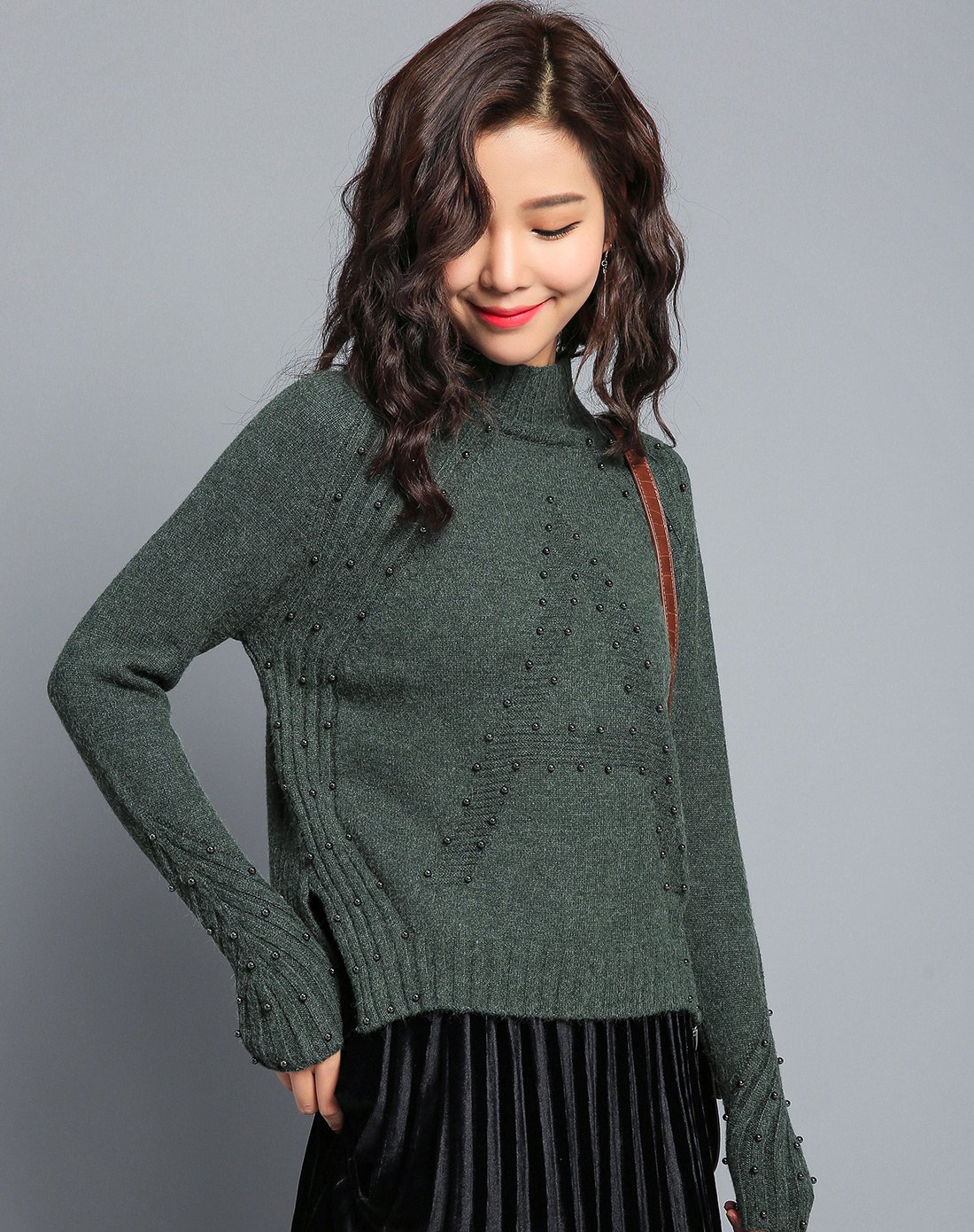 丝柏舍 女绿色下摆开口套头毛衣 绿色 l