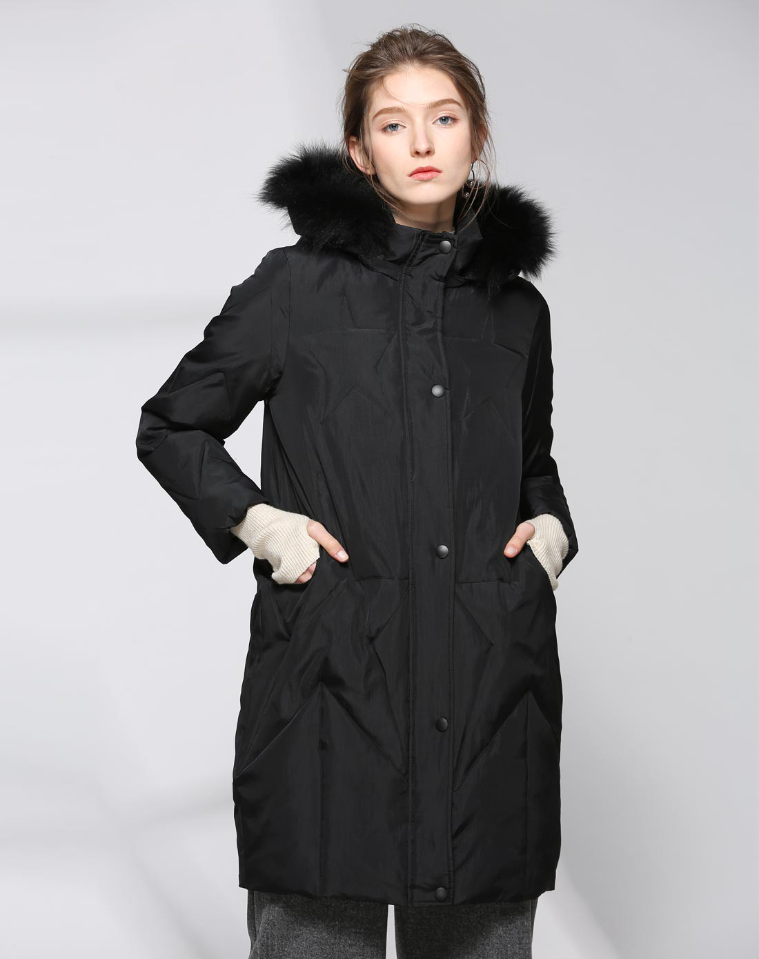 doneed 狐狸毛连帽羽绒棉服女中长款2017新款韩版过膝棉衣棉袄冬季