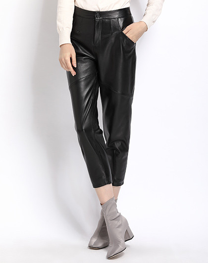 2017新款女士时尚修身显瘦小脚裤皮革拼接九分真皮皮裤