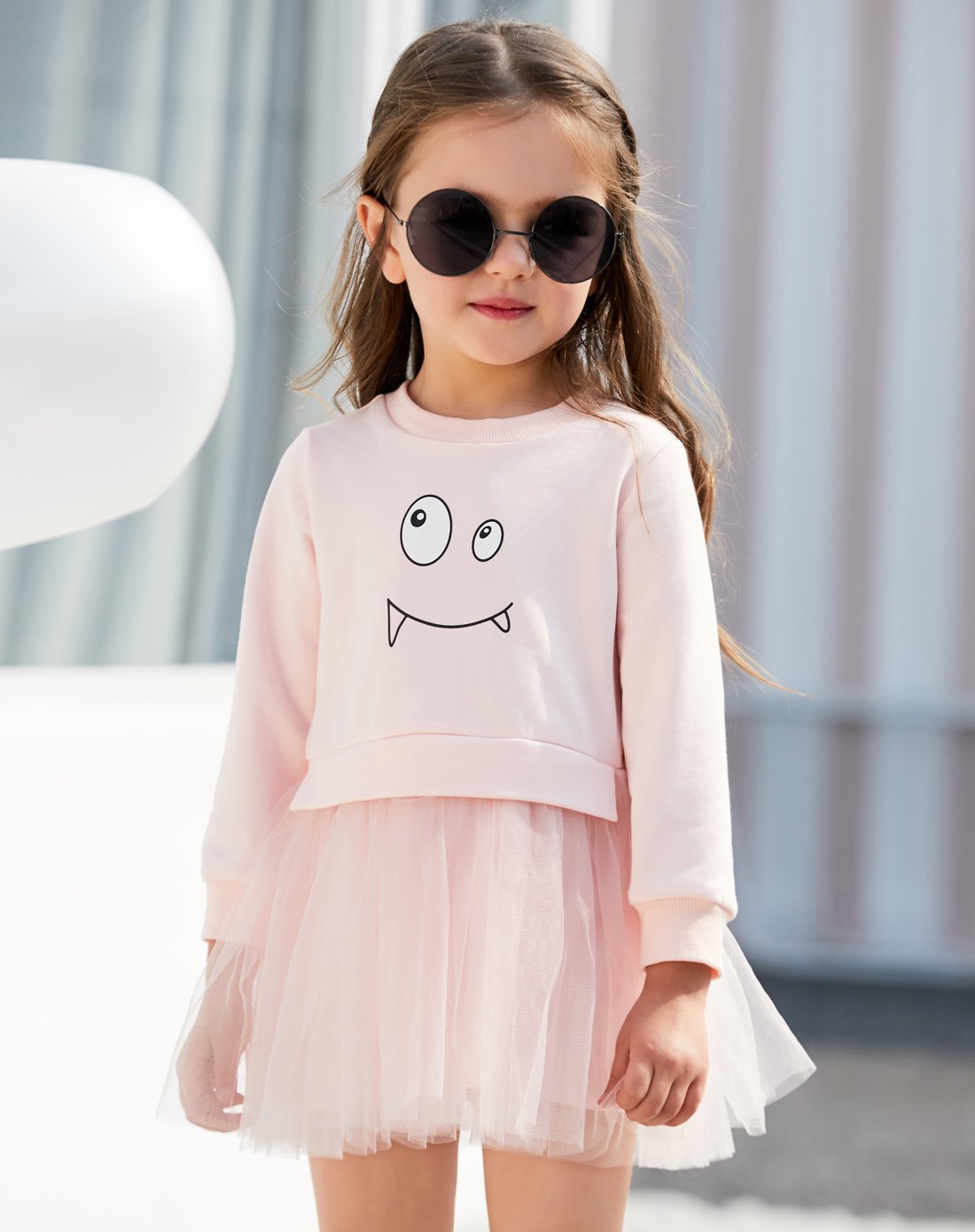 amii2018秋新款儿童女小童装小怪兽高腰双层网纱连衣裙