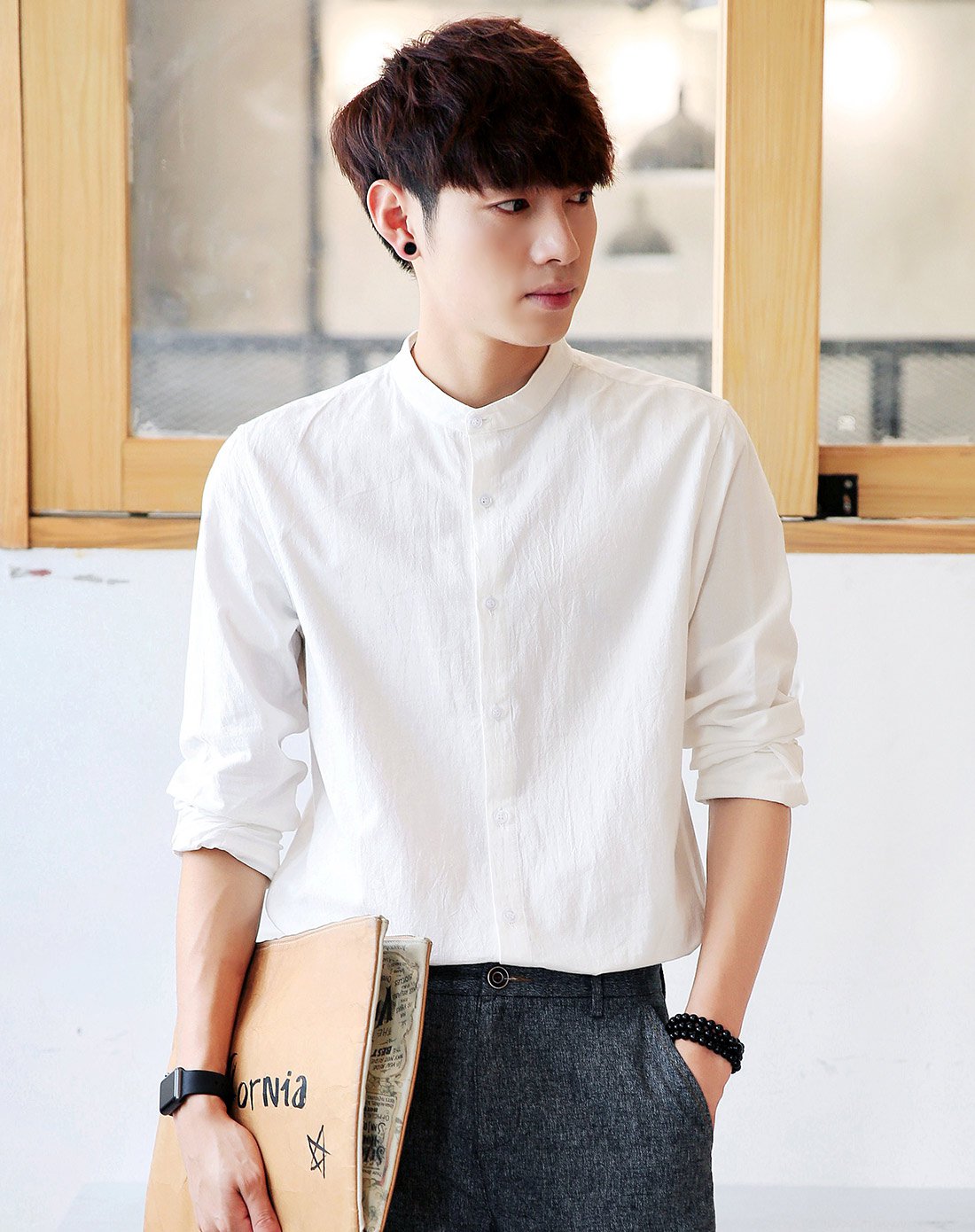 男款简约百搭气质衬衫帅气小立领弧形下摆长袖衬衫