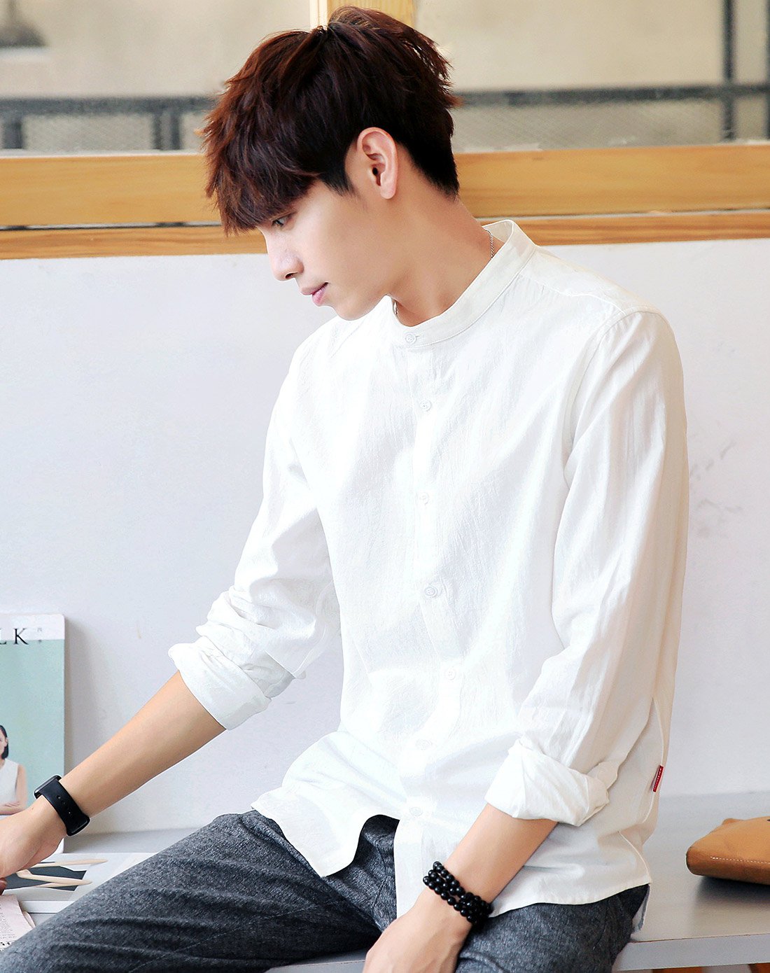 男款简约百搭气质衬衫帅气小立领弧形下摆长袖衬衫