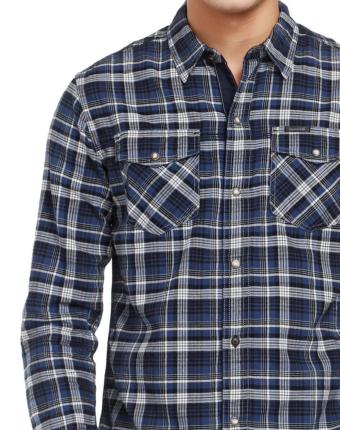 texwood texwood萍果薄款衬衫男士棉潮流欧美长袖格子衬衫 深宝蓝色