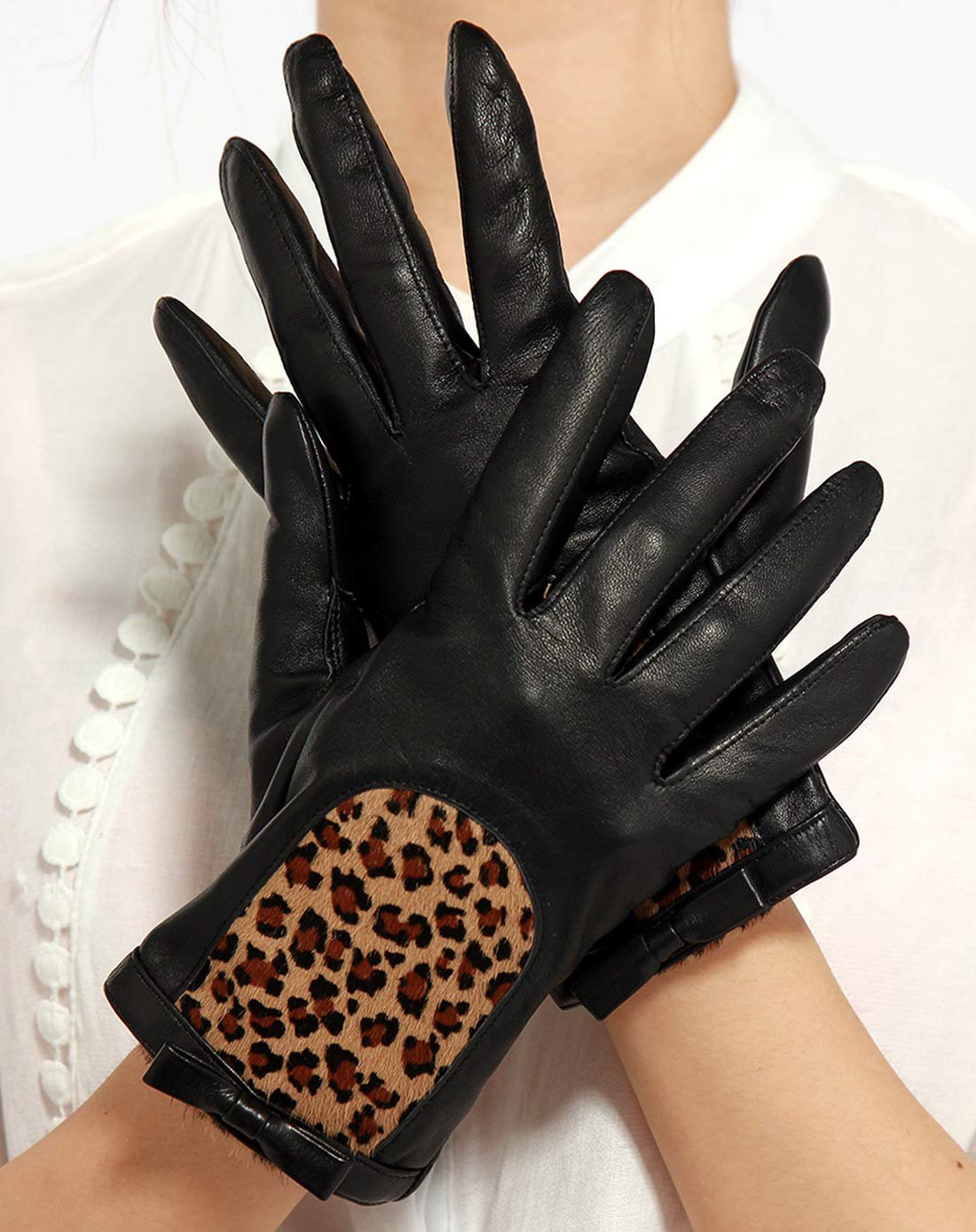 蝴蝶结豹纹女士真皮手套分指保暖