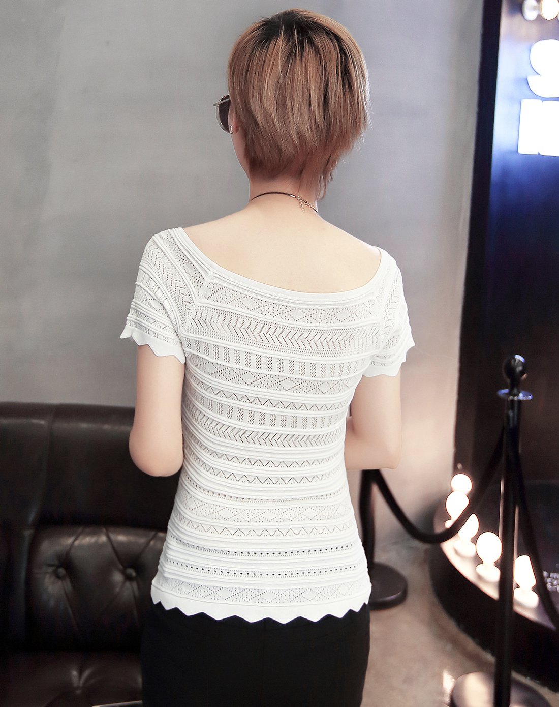 夏季波浪边短袖上衣优雅女款针织衫