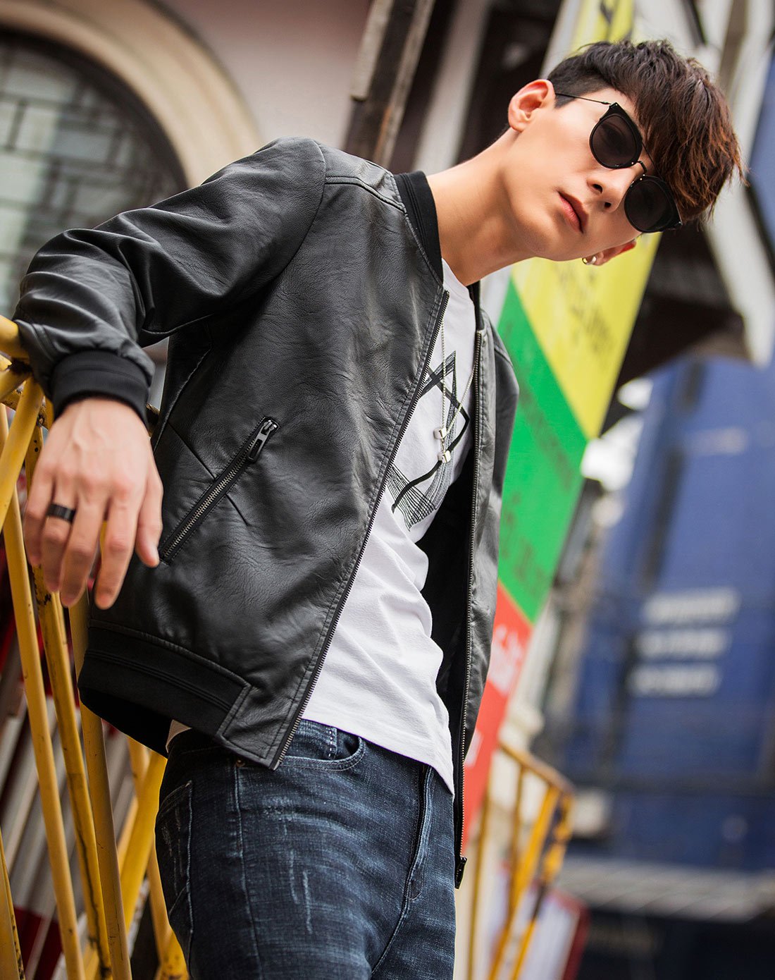 2018春装新品时尚修身棒球领男士皮衣