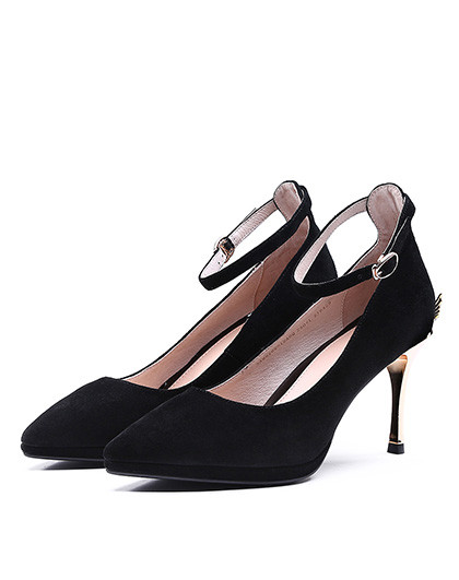 kisskitty2018春新款羊绒尖头高跟后跟金属小翅膀浅口单鞋女鞋子