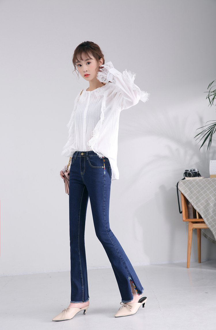 2018新款牛仔喇叭裤女长裤微喇裤韩版女裤子高腰开叉阔腿裤子