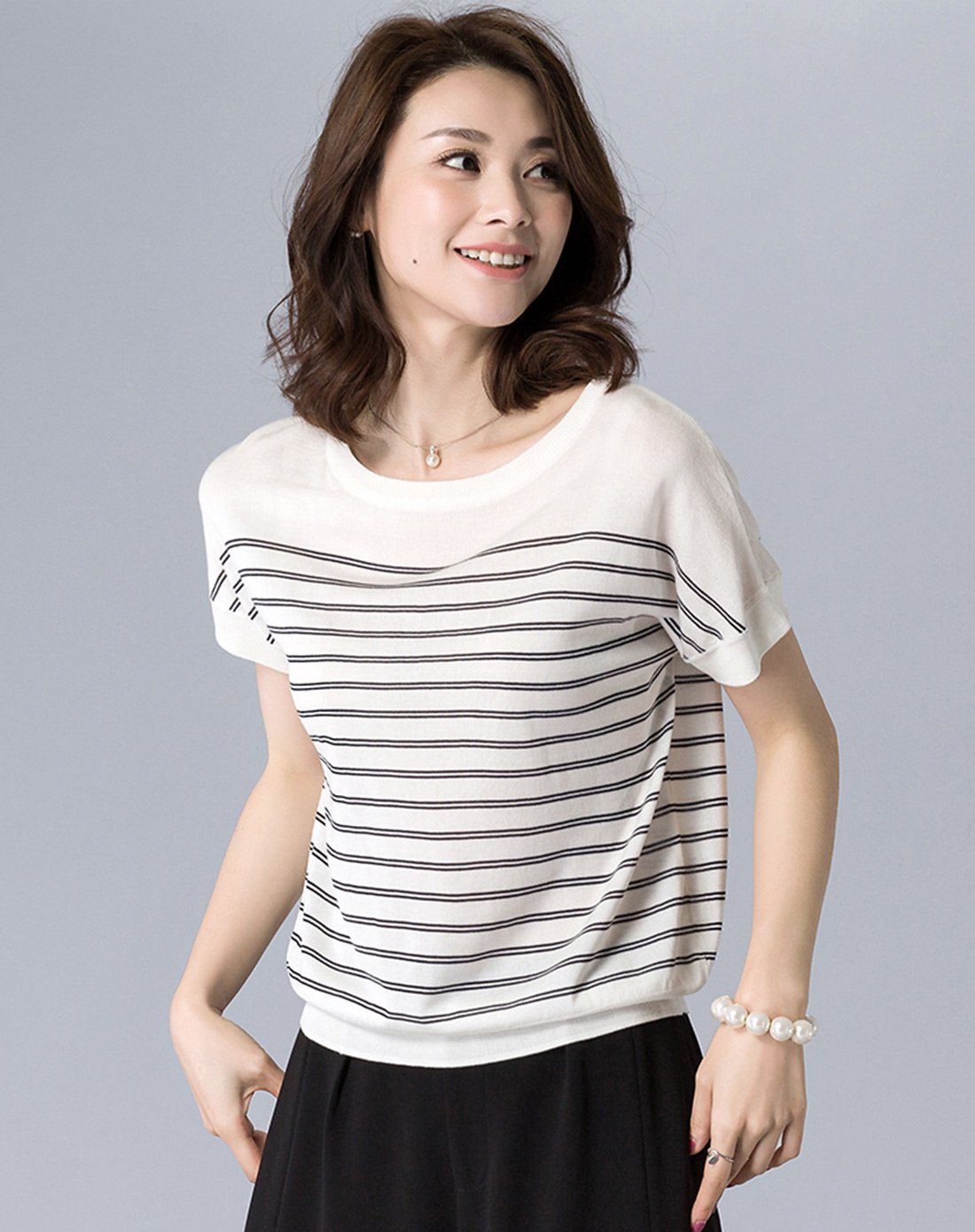 2018春季新款针织衫t恤打底衫宽松时尚短袖上衣条纹打底衫毛衣