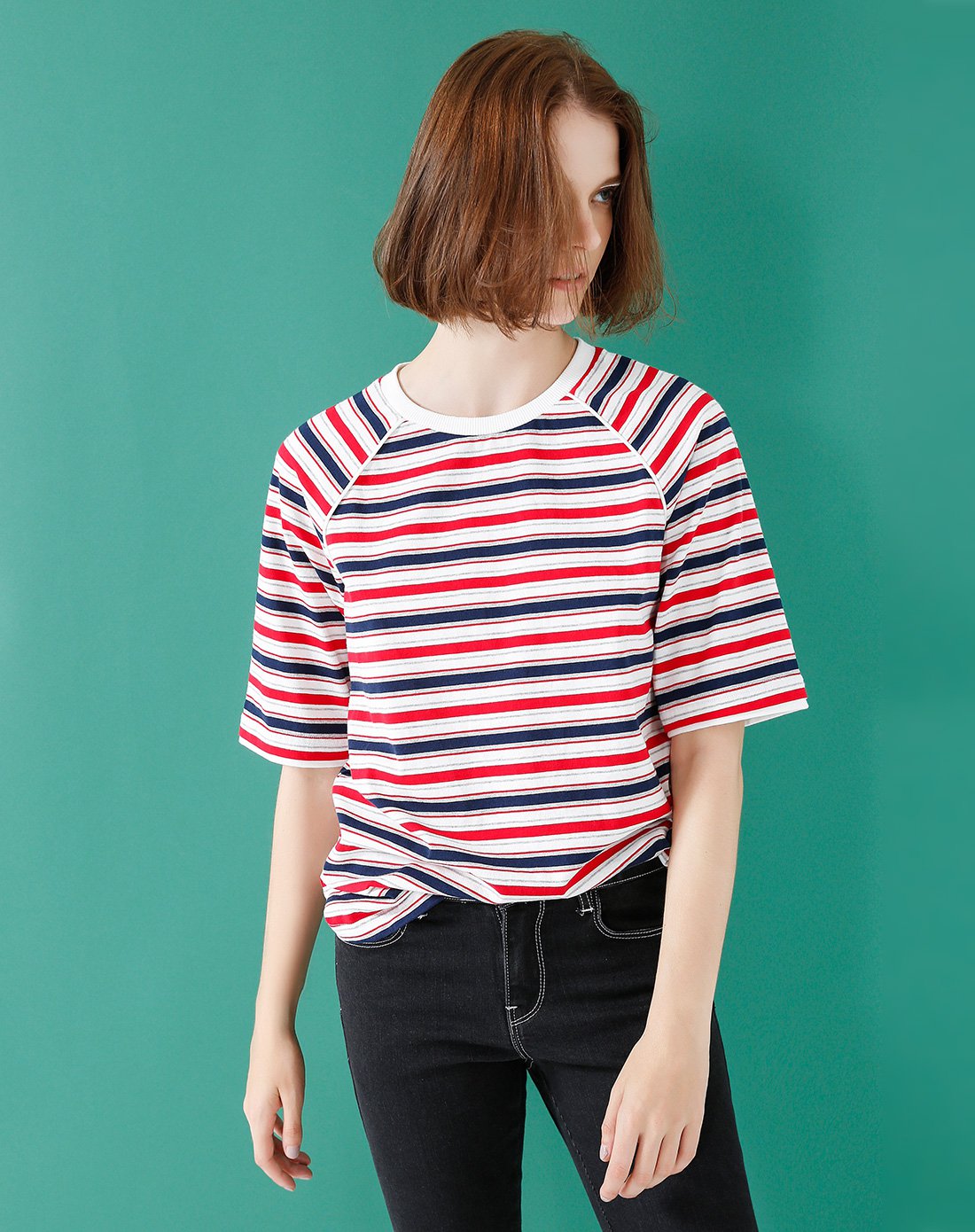 【夏新款】净色拼接圆领插肩袖红白蓝条纹女款t恤
