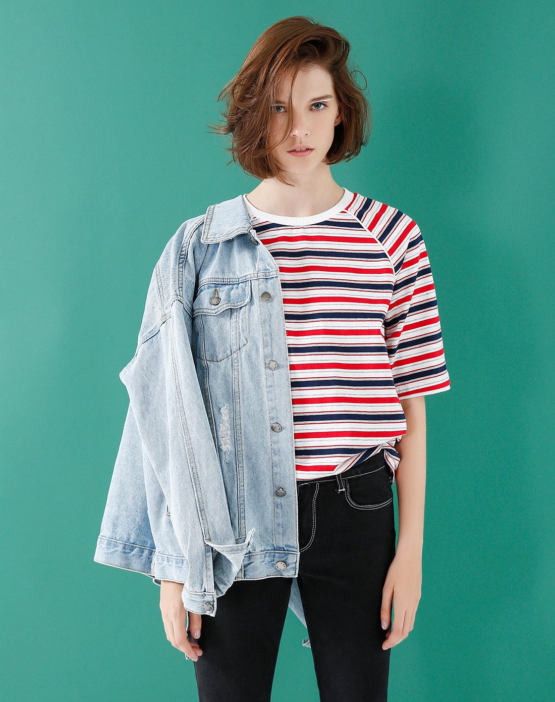 【夏新款】净色拼接圆领插肩袖红白蓝条纹女款t恤