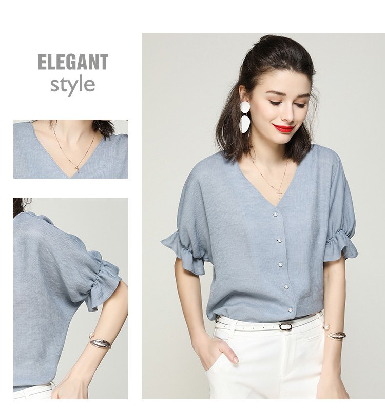 新款宽松v领蝙蝠袖单排扣荷叶边袖口短袖女式衬衫
