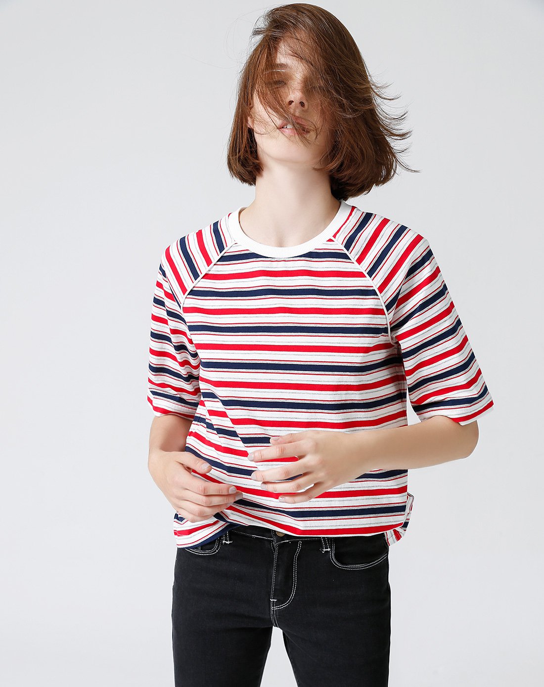 【夏新款】净色拼接圆领插肩袖红白蓝条纹女款t恤