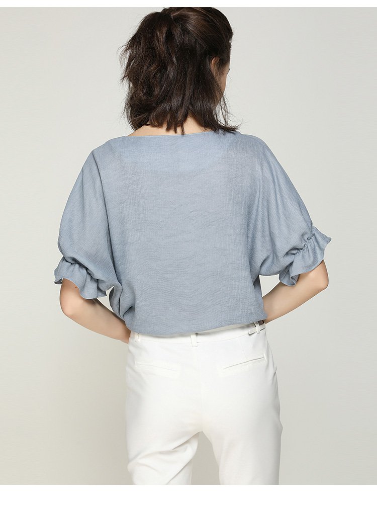 新款宽松v领蝙蝠袖单排扣荷叶边袖口短袖女式衬衫