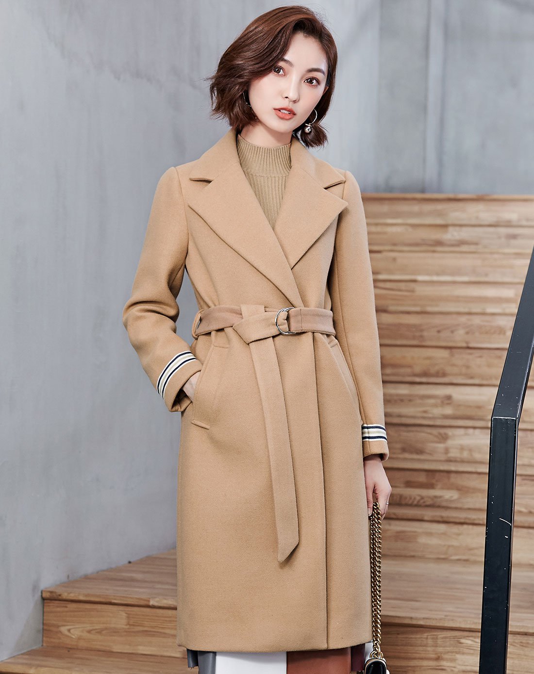 【2017冬新品】女款纯色时尚通勤长袖中长款翻领保暖呢大衣外套