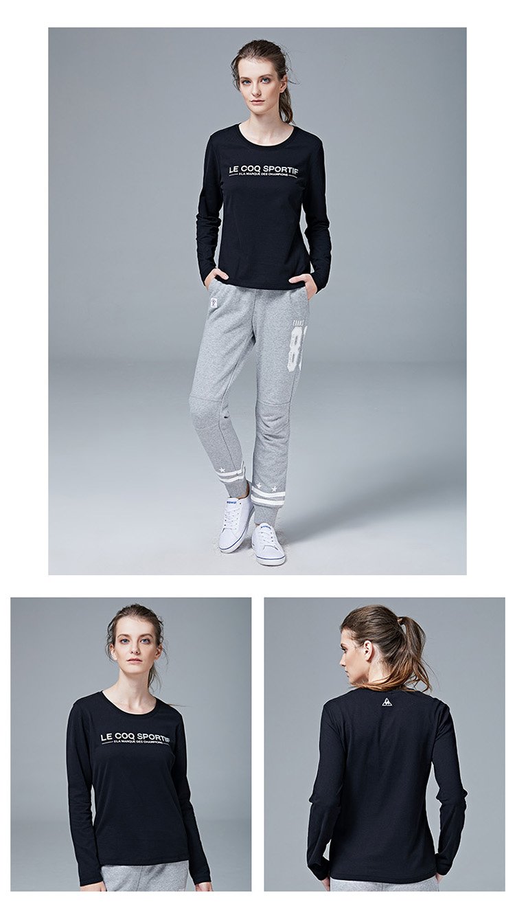 乐卡克le coq sportif 棉100% 精细印花logo 拼色字母 女款 圆领长袖