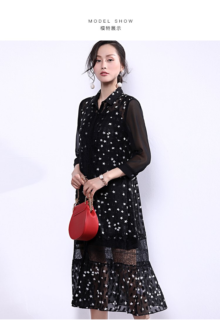 沙发sofa 2018新款百搭显瘦气质碎花雪纺拼接蕾丝七分袖连衣长裙 黑底