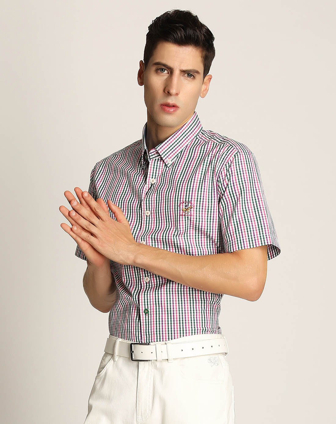 比华利保罗beverly hills polo club 全棉经典格纹清爽休闲扣领男士