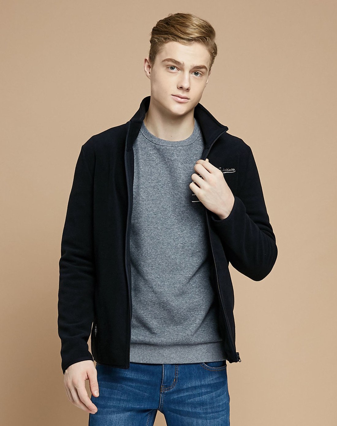 真维斯男装夹克 冬装 男士韩版修身立领摇粒绒休闲外套潮