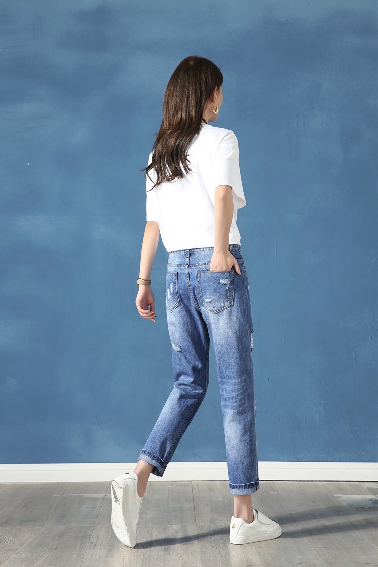 尹祯yinzhen 女生破洞牛仔裤女宽松乞丐裤韩版学生显瘦9分九分裤小脚