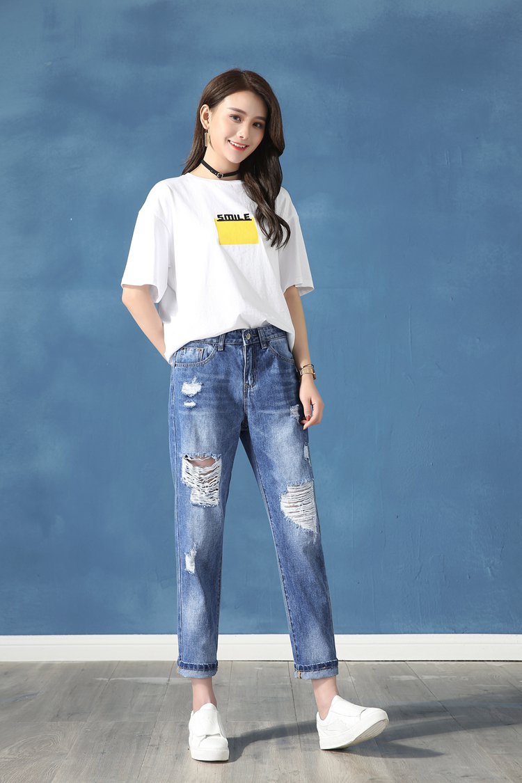 尹祯yinzhen 女生破洞牛仔裤女宽松乞丐裤韩版学生显瘦9分九分裤小脚