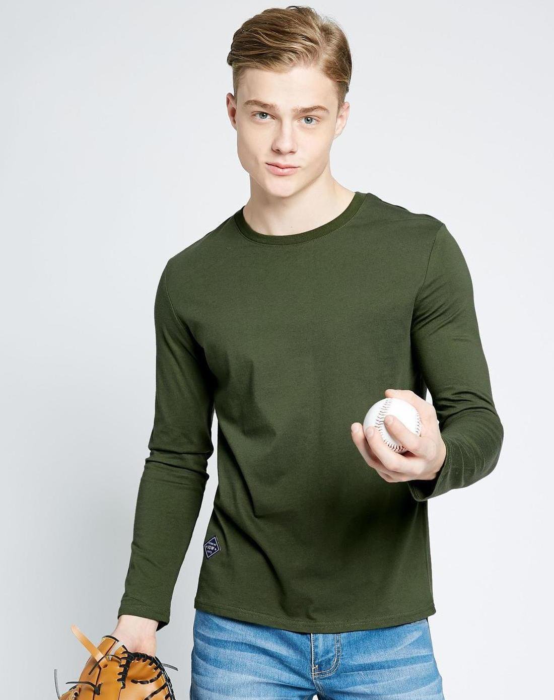 真维斯t恤男 2018春季 男士纯棉圆领纯色长袖t恤