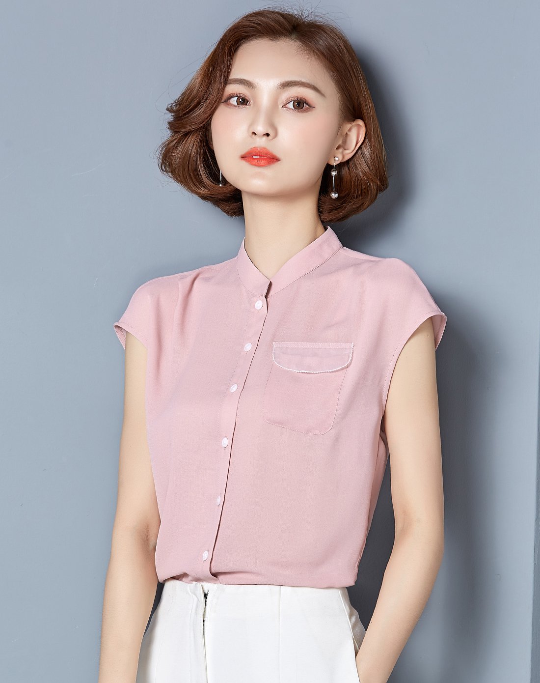 【2018夏新品】夏季短袖衬衫女款纯色上衣优雅通勤时尚盖肩袖休闲百搭