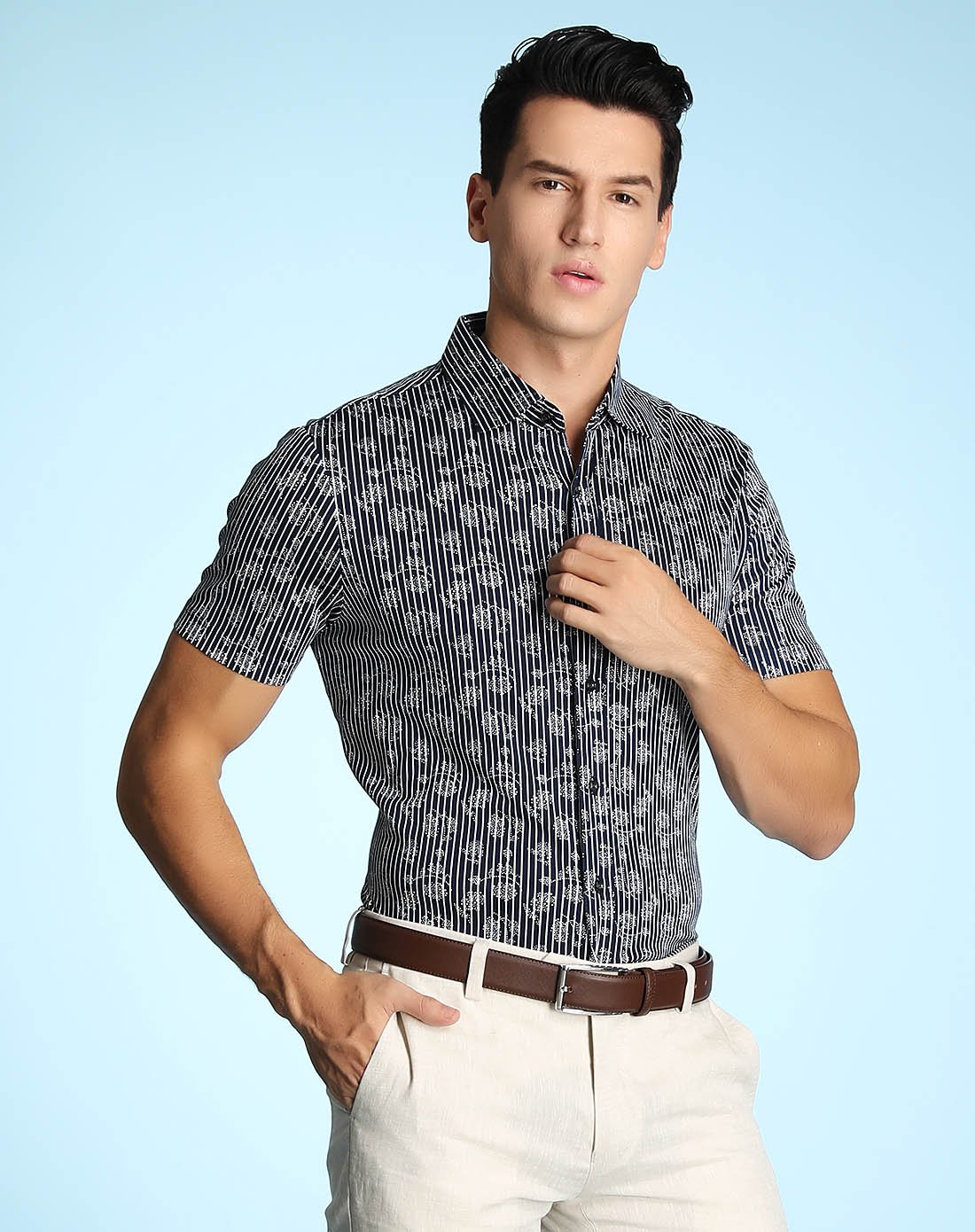 斯卡图carlo castello 全棉柔软舒适条纹印花翻领男士短袖t恤 蓝条