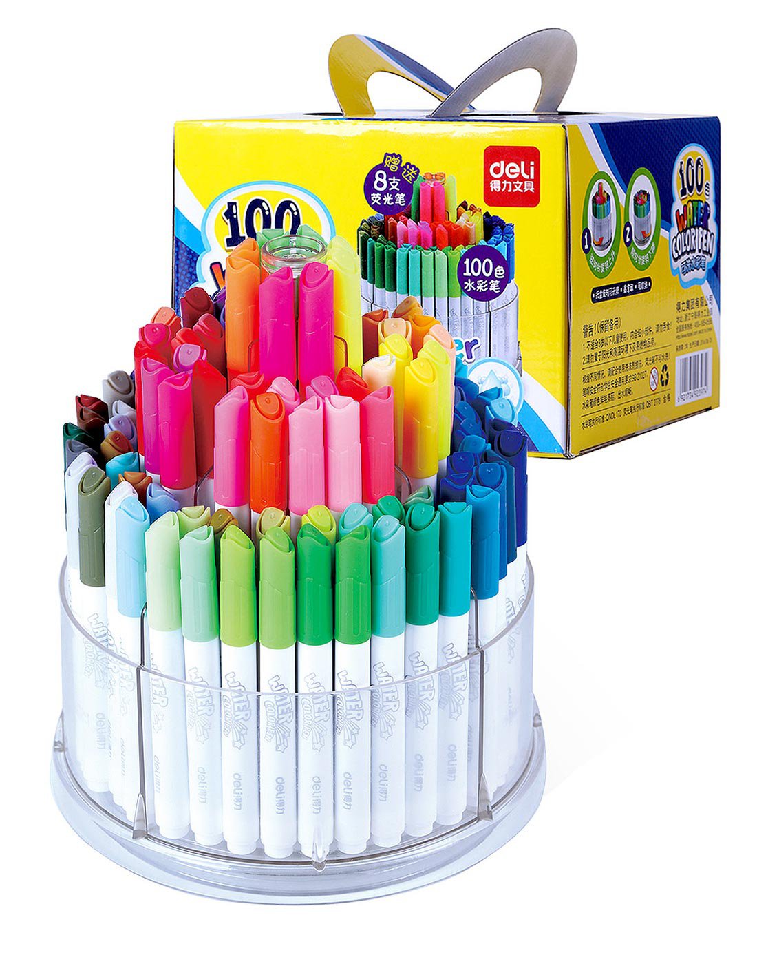 得力办公文具自营专场 得力三层旋转礼盒装可洗水彩笔100色送荧光笔