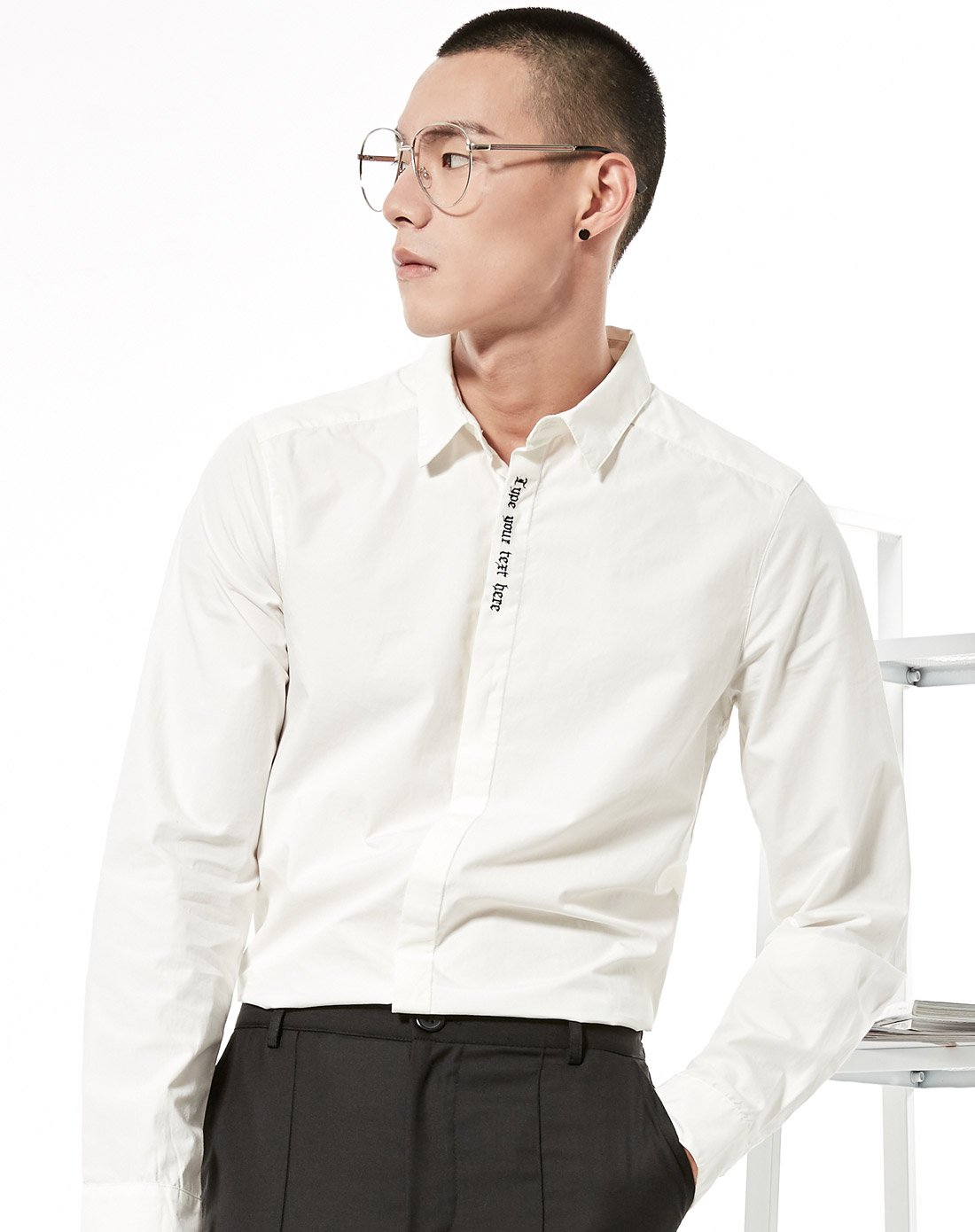 新款男装潮流修身简约时尚门襟绣花翻领长袖男衬衫