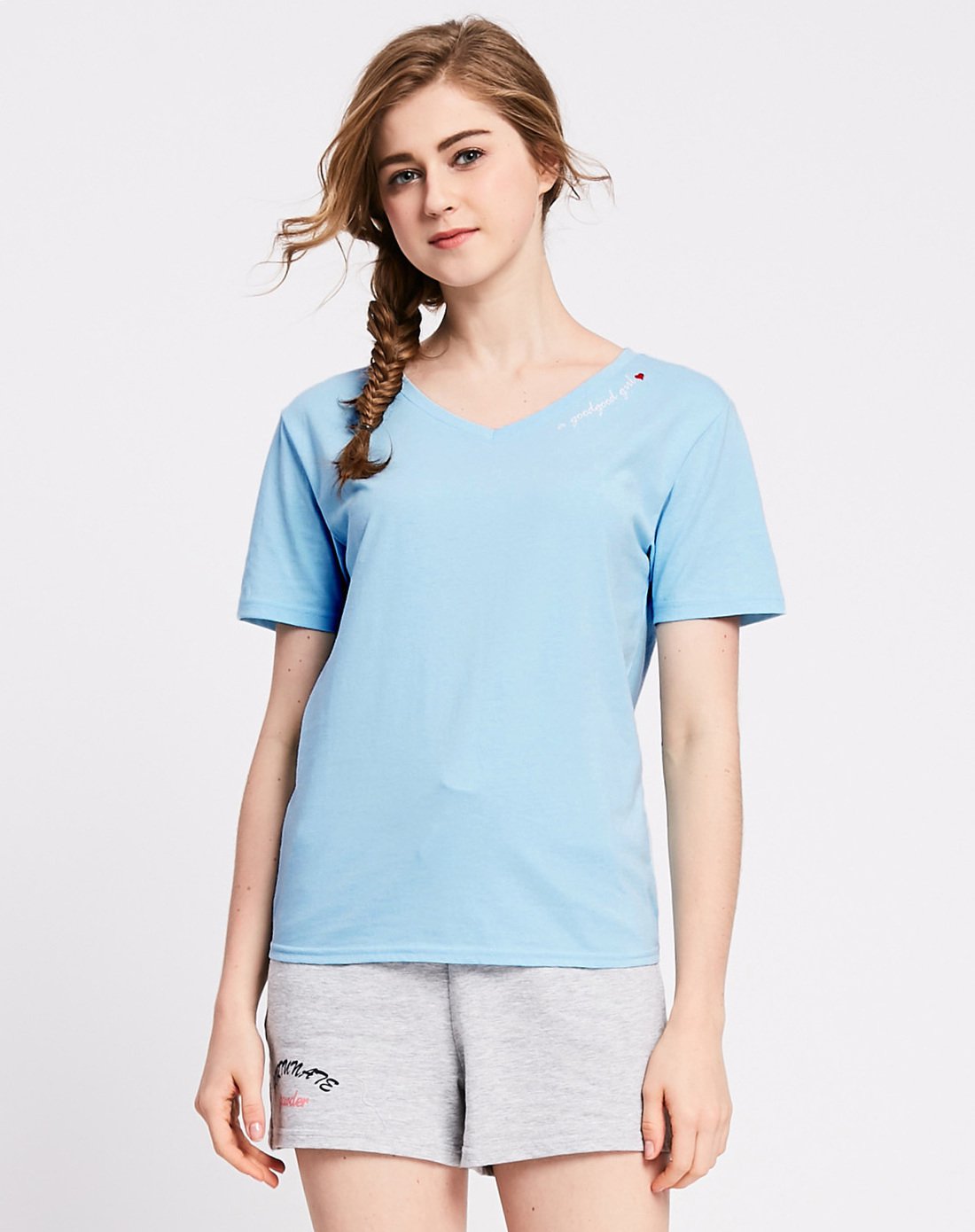 真维斯v领t恤女 2018夏季新品 女装打底印花短袖体恤