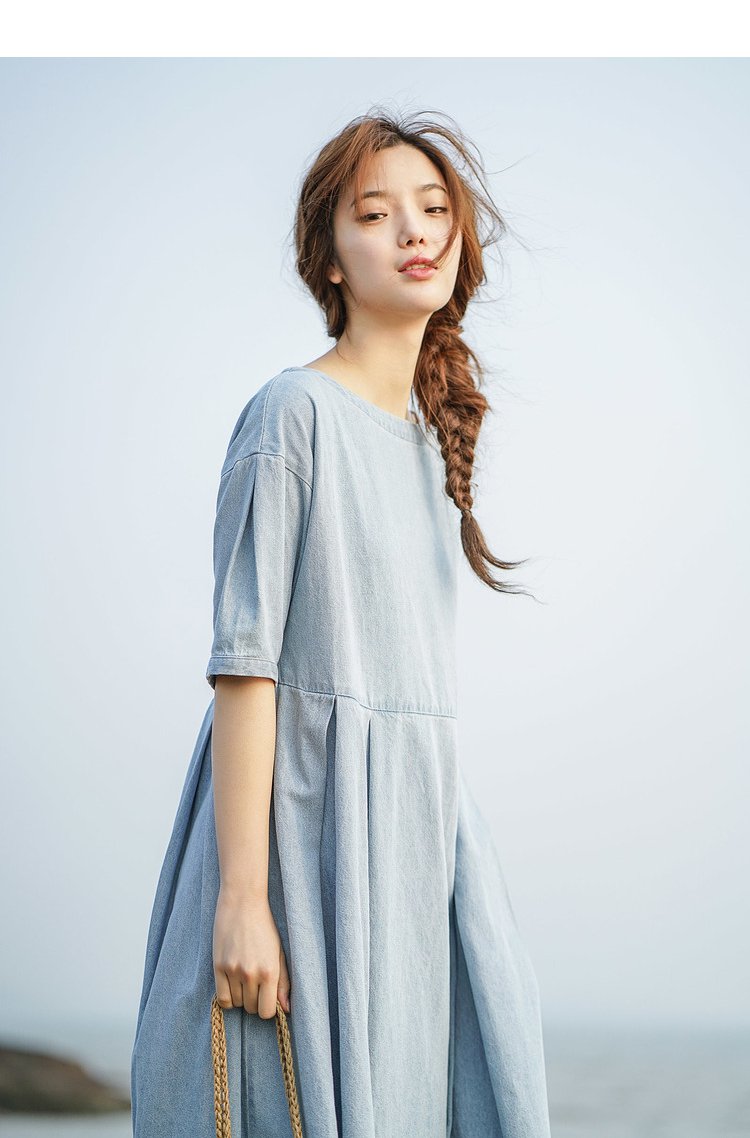 【2019夏装新款】女款素雅一字领皱褶宽松a字牛仔连衣裙