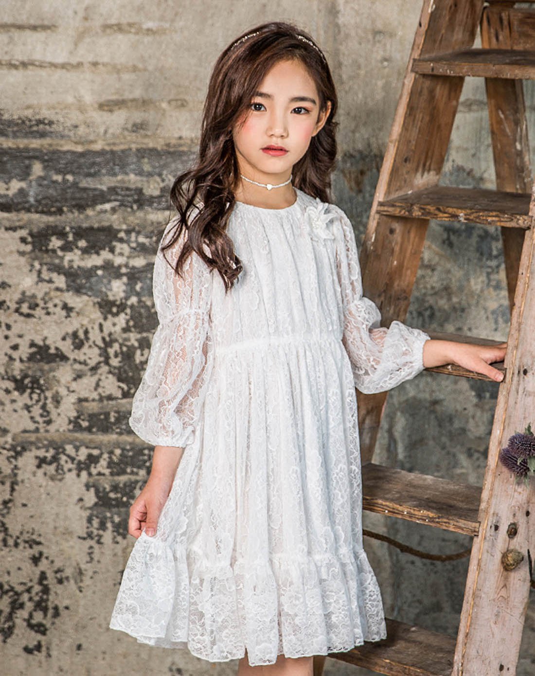 米妮哈鲁minizaru女童儿童童装韩版优雅蕾丝花边高腰长袖连衣裙