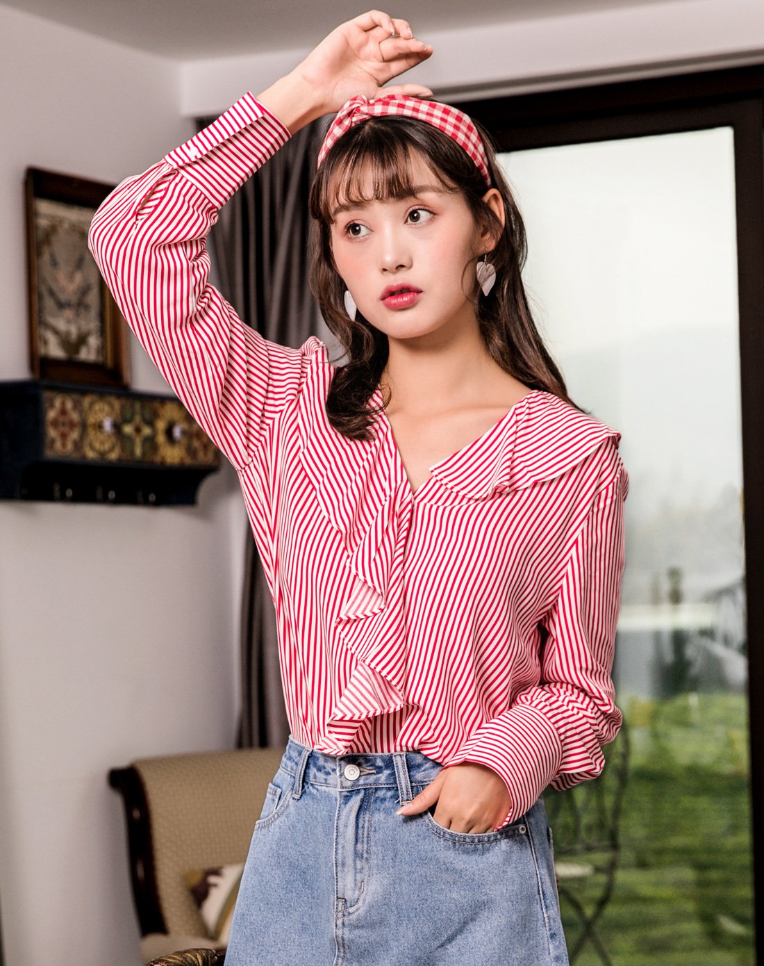 森马女装2018夏秋季新款简约甜美条纹v领花边少女衬衣女士衬衫