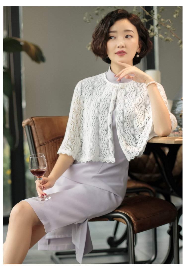 楚菲儿 2020夏装外套短款圆领披肩钩花针织镂空设计女式外套