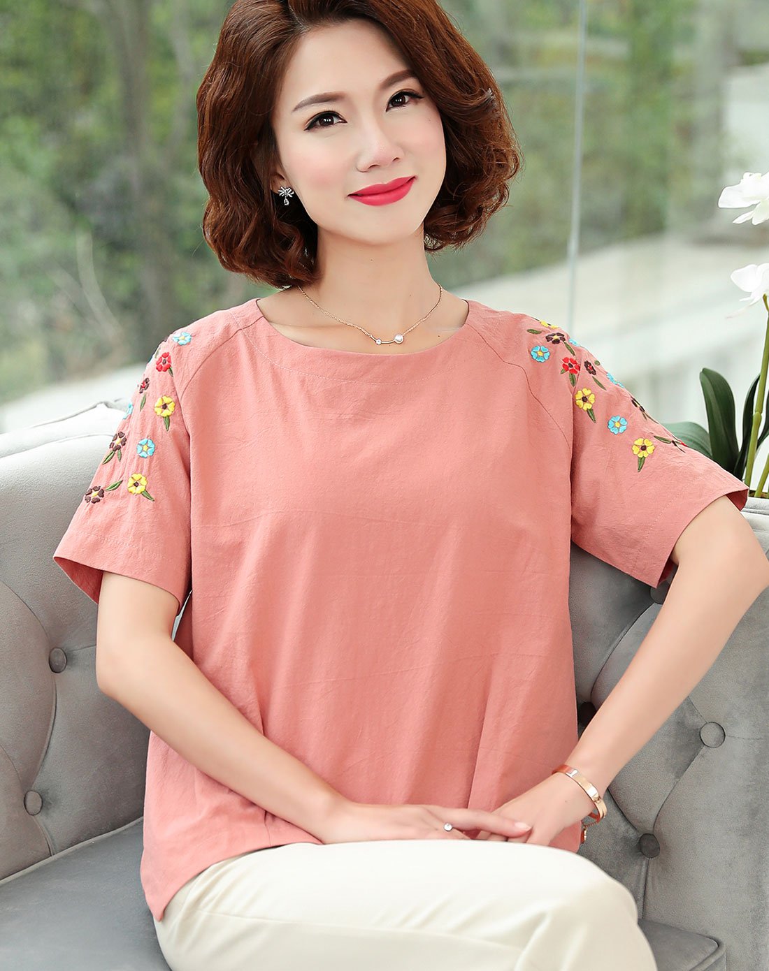 简狐妈妈夏装短袖t恤衫纯棉中老年人上衣中年女装小衫