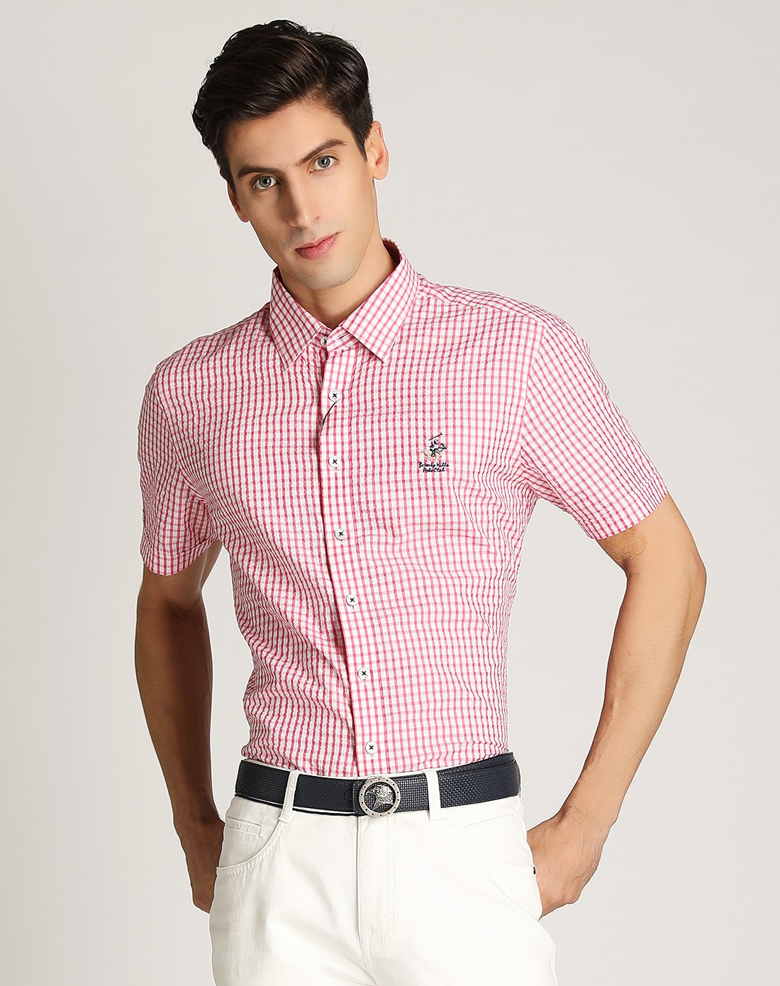 比华利保罗beverly hills polo club 蚕丝棉品质魅力格纹男士短袖衬衫