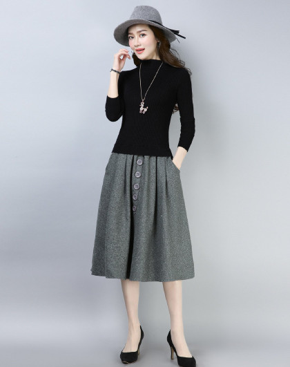 169 598 丝柏舍半高领拼接修身中长款连衣裙                 唯品