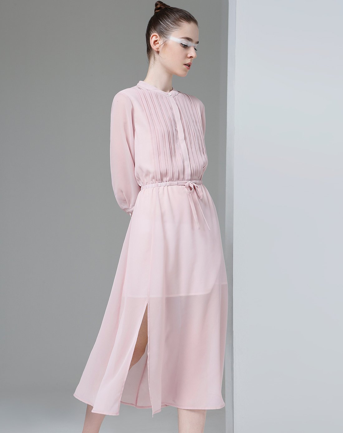 茵曼&初语多品牌满屏新鲜感褶皱七分袖雪纺中长连衣裙8722426022280_