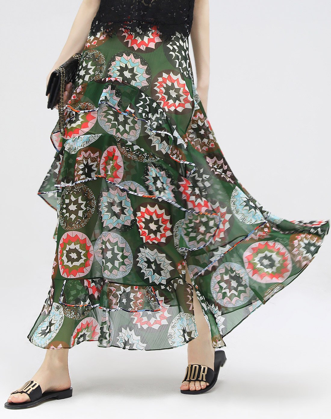 cocobella不规则荷叶边雪纺印花大摆女沙滩度假半身长裙