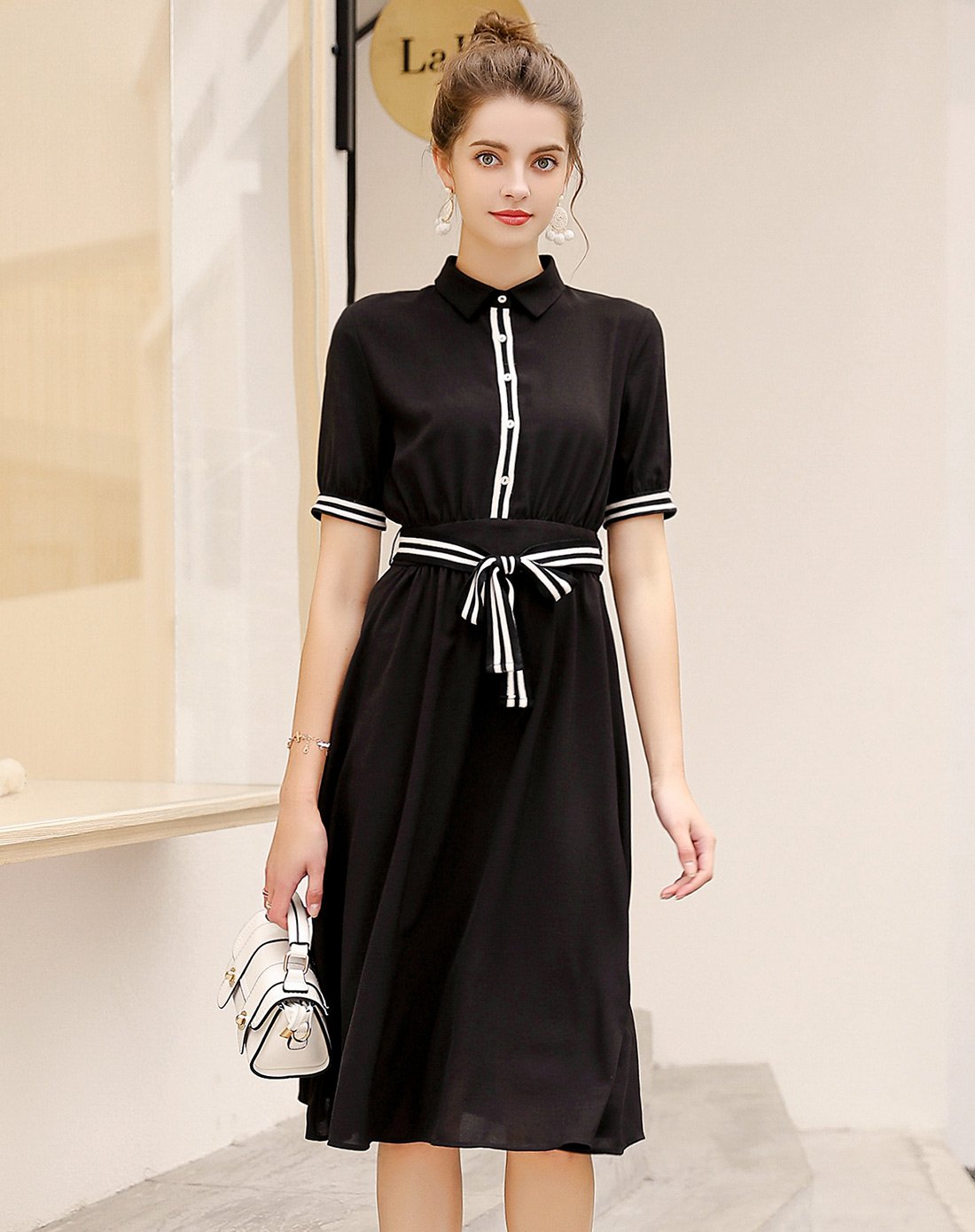 盛夏爆款特辑 199-100 菲阁女装 夏装新款女裙子黑白撞色收腰塑身拼接