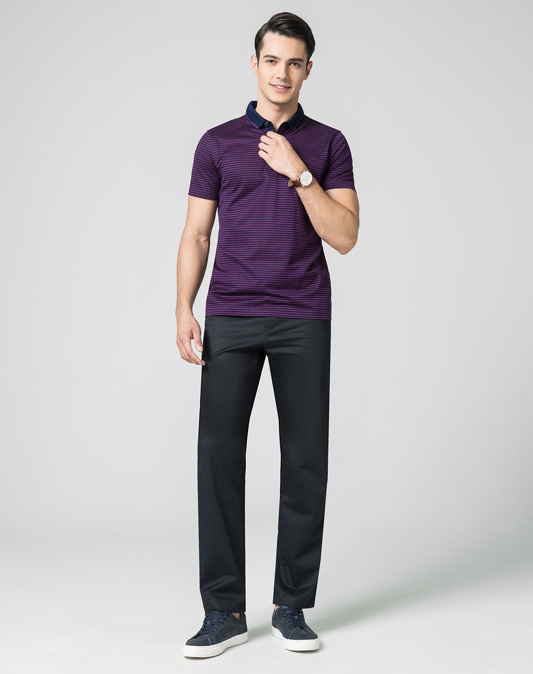 九牧王joeone 【经典条纹】 男装短袖t恤夏季男士修身舒适翻领条纹