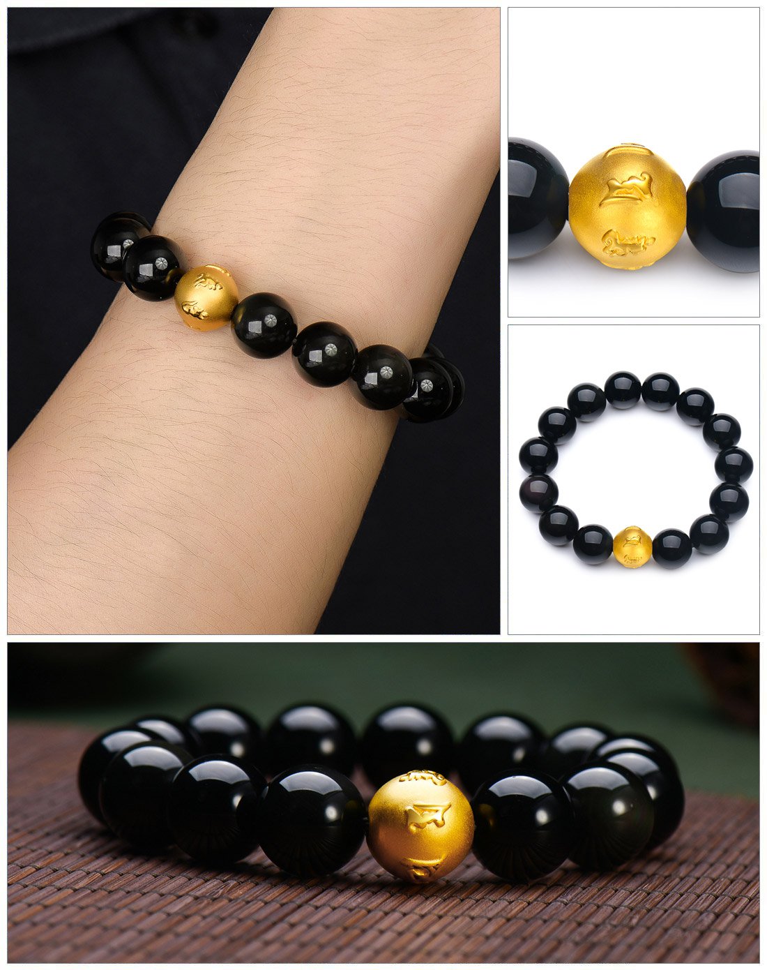 千禧之星 3d硬金黑曜石足金黄金手链佛珠六字真言金珠手链 男款(定价)