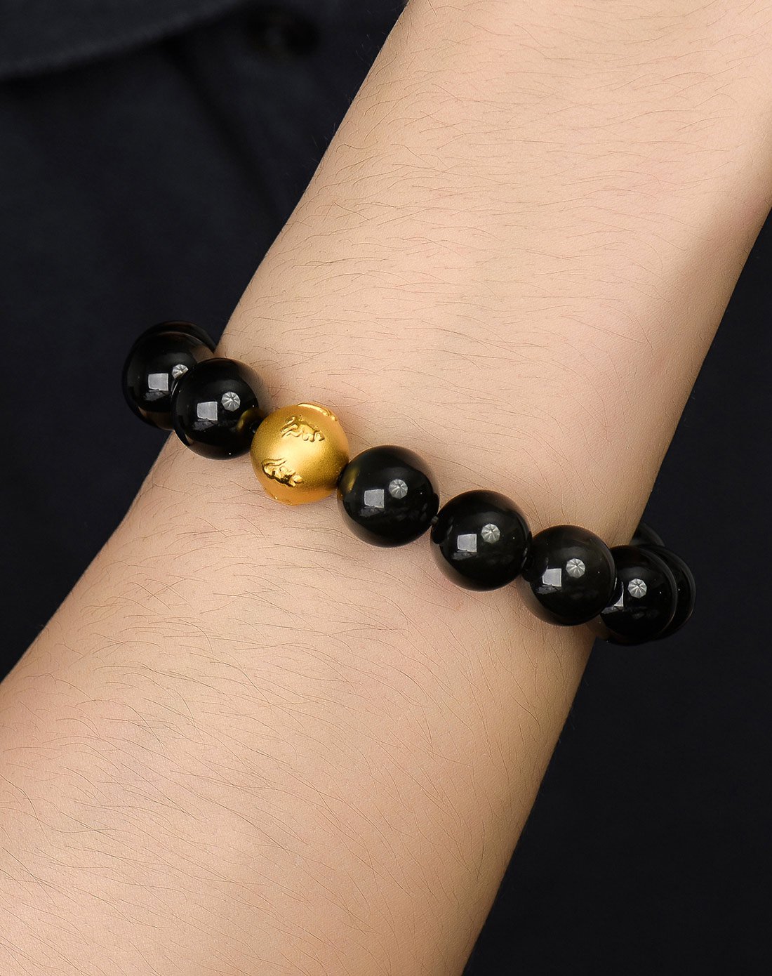 千禧之星 3d硬金黑曜石足金黄金手链佛珠六字真言金珠手链 男款(定价)