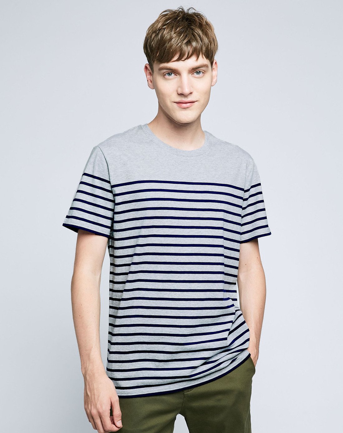 真维斯条纹t恤男 2018夏季新品 纯棉圆领打底衫短袖体恤男