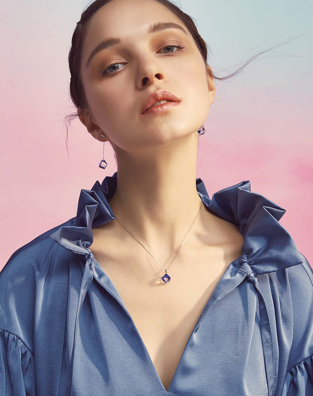 静风格欧若拉项链采用施华洛世奇元素水晶锁骨链女韩版简约吊坠纯银