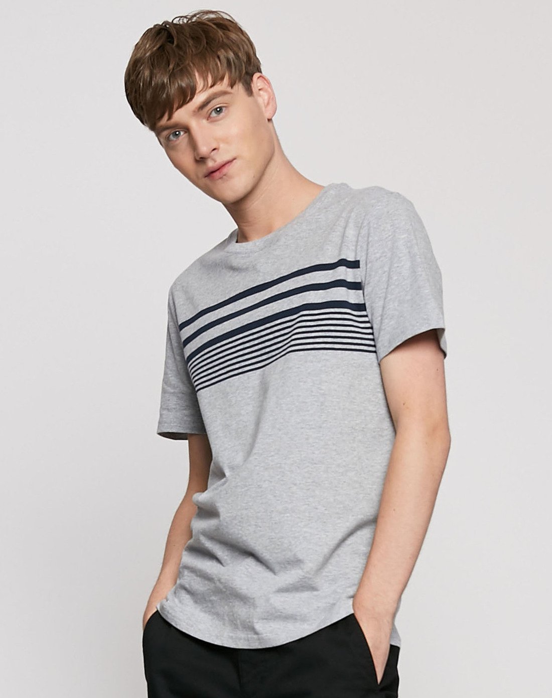 真维斯短t恤男 2018夏季新品男装全棉修身圆领条纹短袖t恤