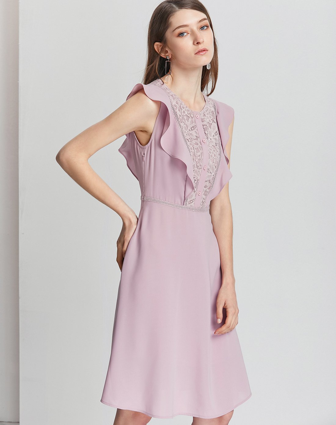 圆领荷叶边无袖时尚简约气质显瘦a字连衣裙子