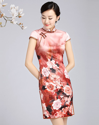 女款葫芦扣印花真丝旗袍